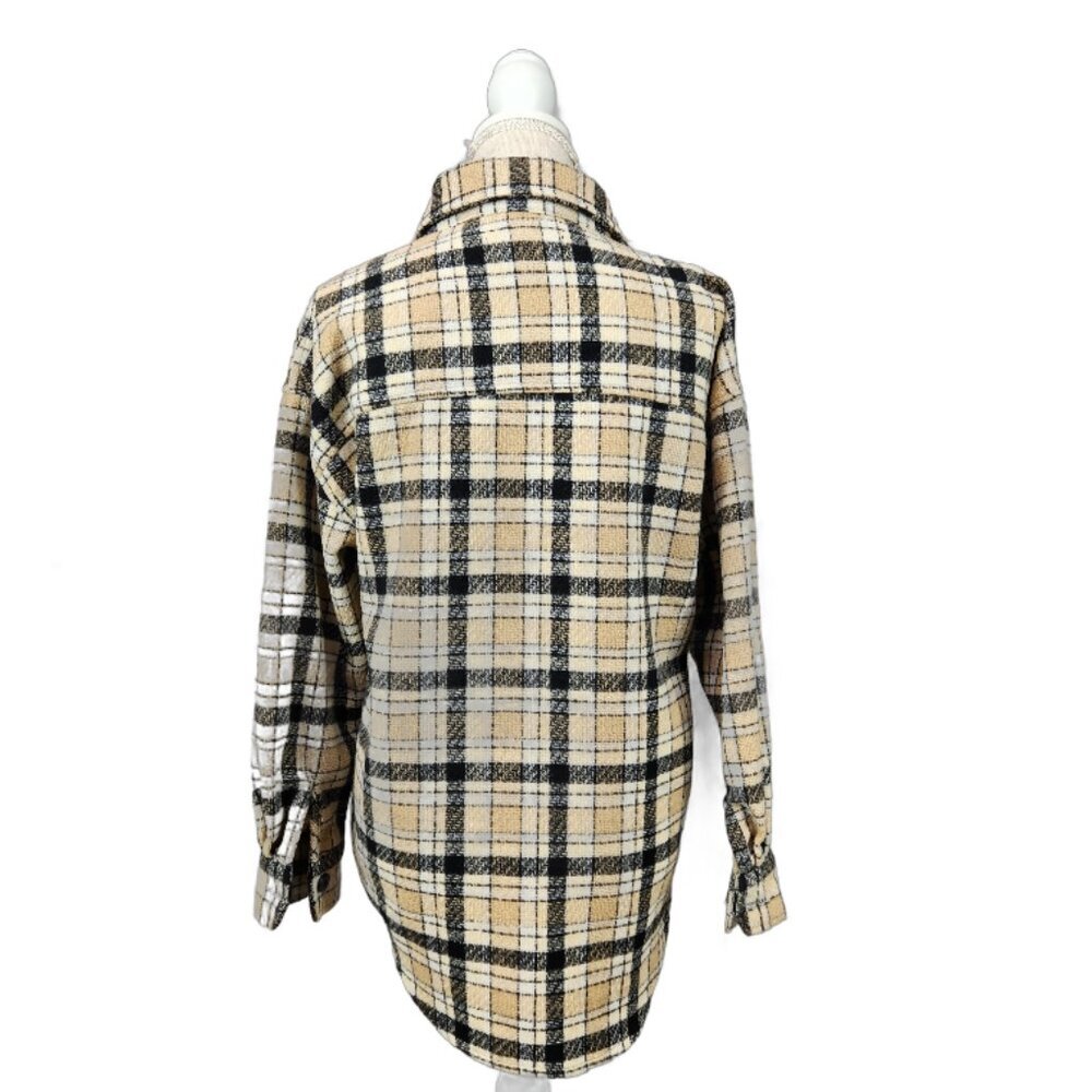 Forever 21 Wool Blend Shacket Womens XS Tan Brown Plaid Flannel Button Up Shirt - Picture 2 of 7